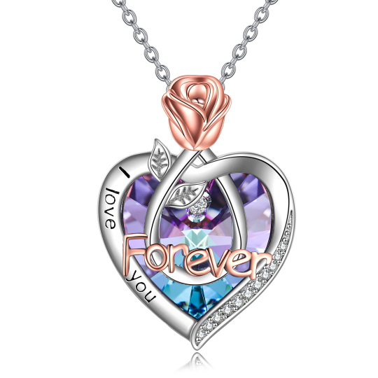 Sterling Silver Two-tone Heart Shaped Crystal Rose & Heart Pendant Necklace with Engraved Word