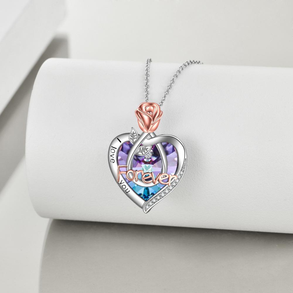 Sterling Silver Two-Tone Heart Crystal Rose Pendant Necklace With Engraved Word For Women-3