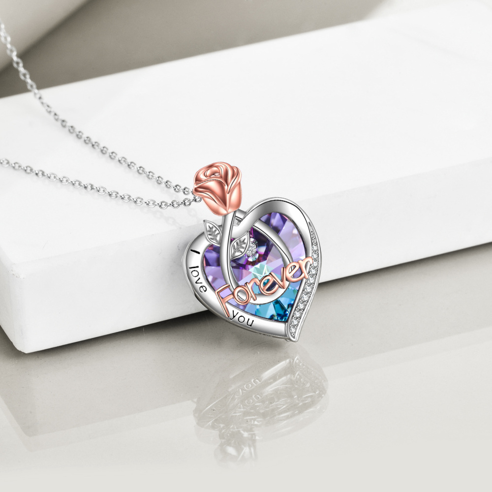 Sterling Silver Two-Tone Heart Crystal Rose Pendant Necklace With Engraved Word For Women-4