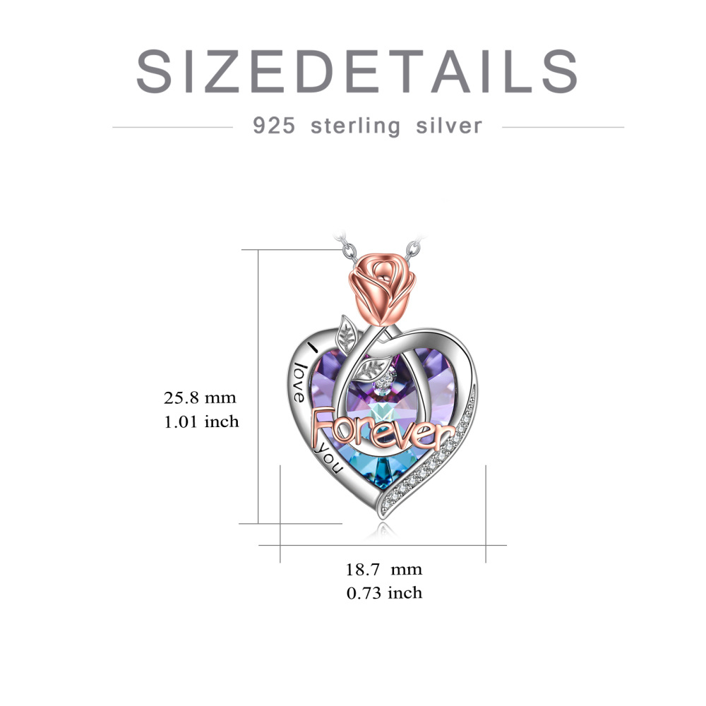Sterling Silver Two-Tone Heart Crystal Rose Pendant Necklace With Engraved Word For Women-5