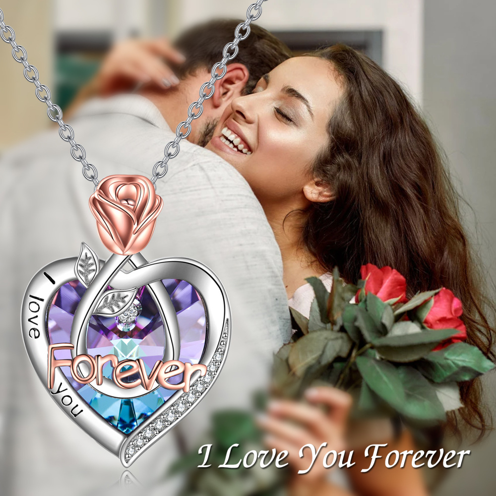 Sterling Silver Two-Tone Heart Crystal Rose Pendant Necklace With Engraved Word For Women-6