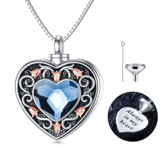 Sterling zilveren geoxideerde hart blauw kristal Rose Urn ketting voor as met gegraveerd woord