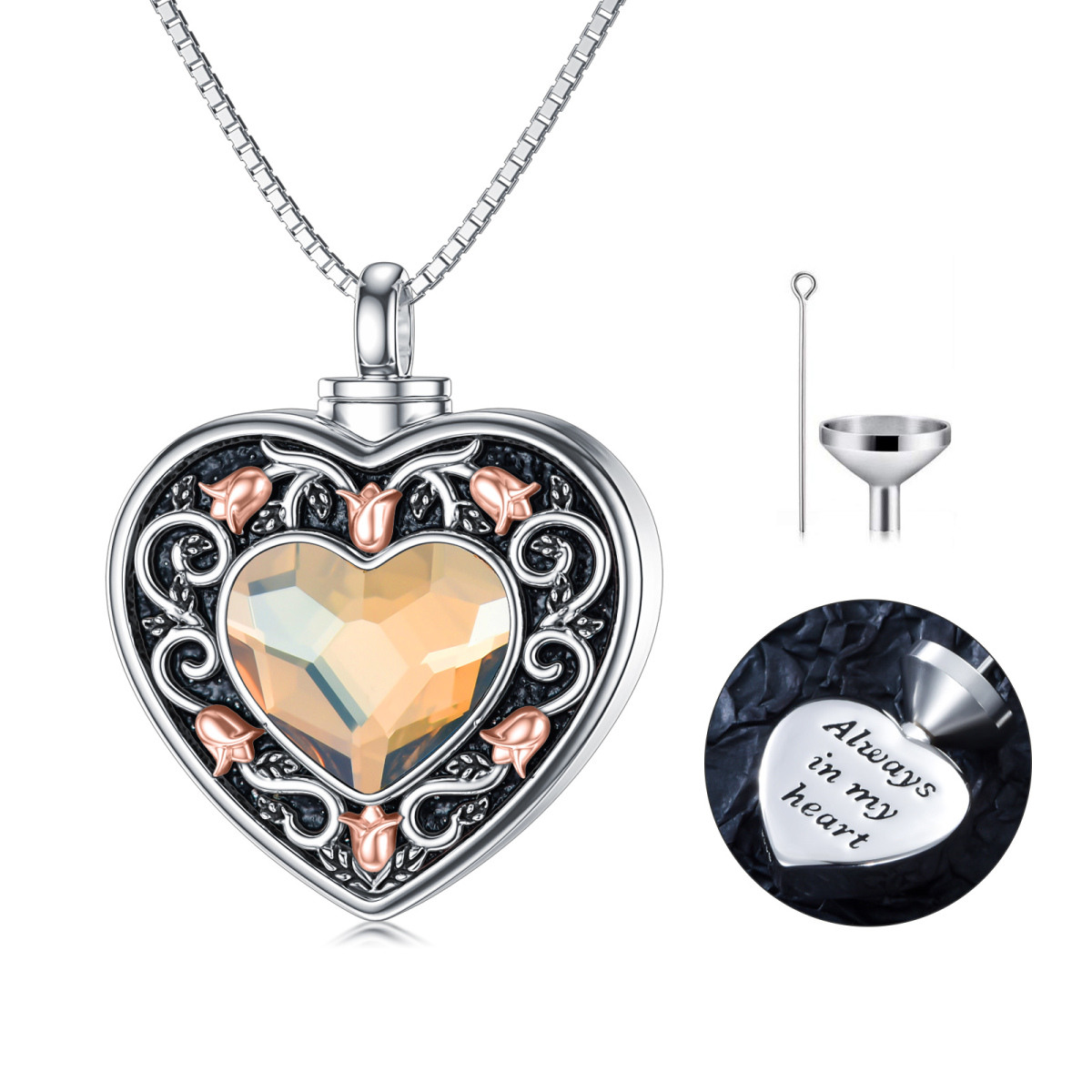 Sterling Silver Oxidized Heart Citrine Crystal Rose Urn Necklace For Ashes With Engraved Word-1