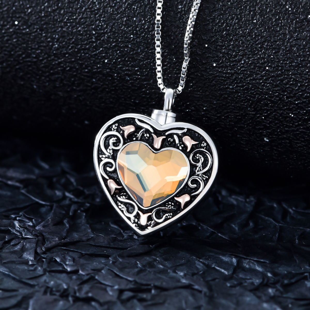 Sterling Silver Oxidized Heart Citrine Crystal Rose Urn Necklace For Ashes With Engraved Word-3