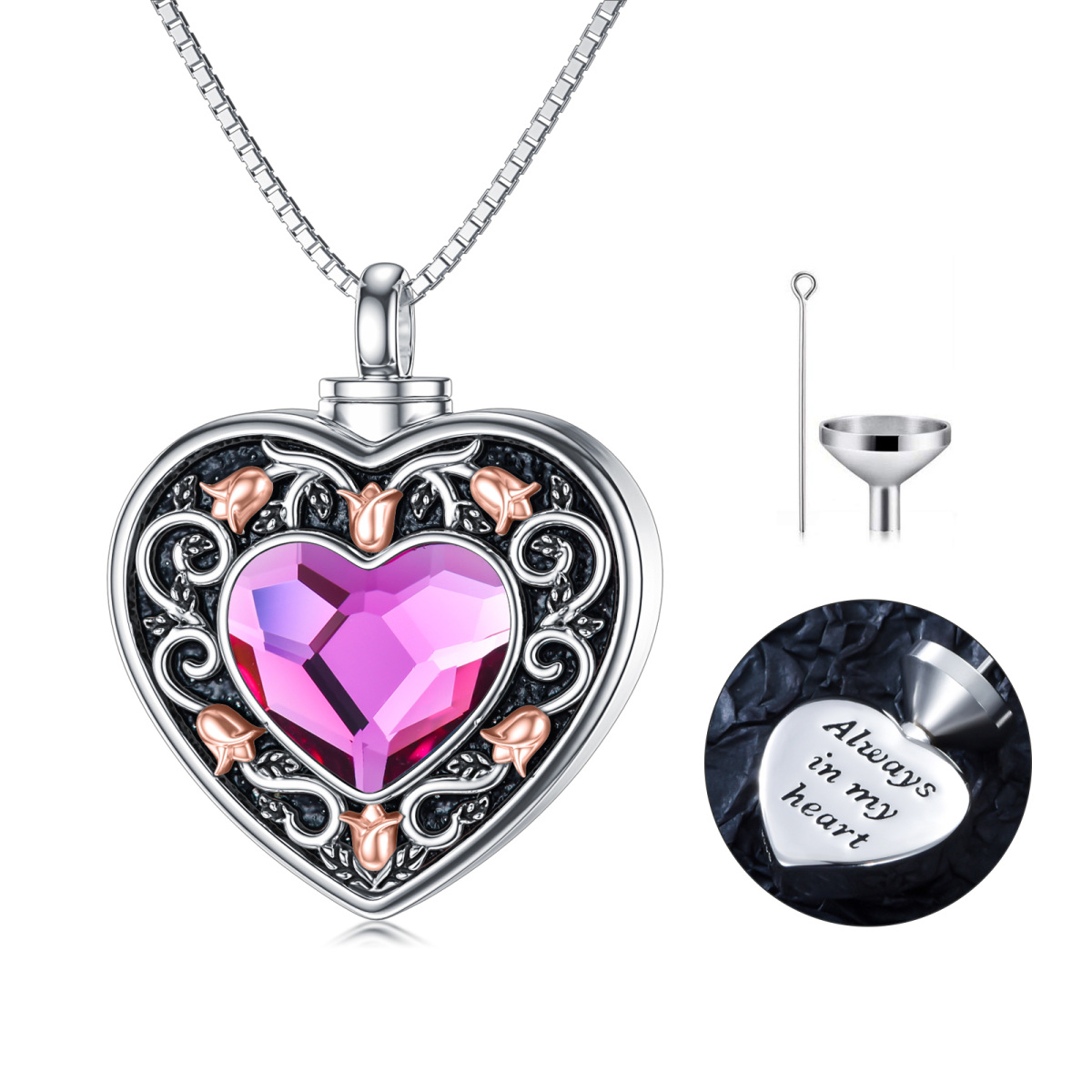 Sterling Silver Oxidized Heart Purple Crystal Rose Urn Necklace For Ashes With Engraved Word-1