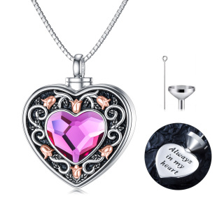 Sterling Silver Oxidized Heart Purple Crystal Rose Urn Necklace For Ashes With Engraved Word-11