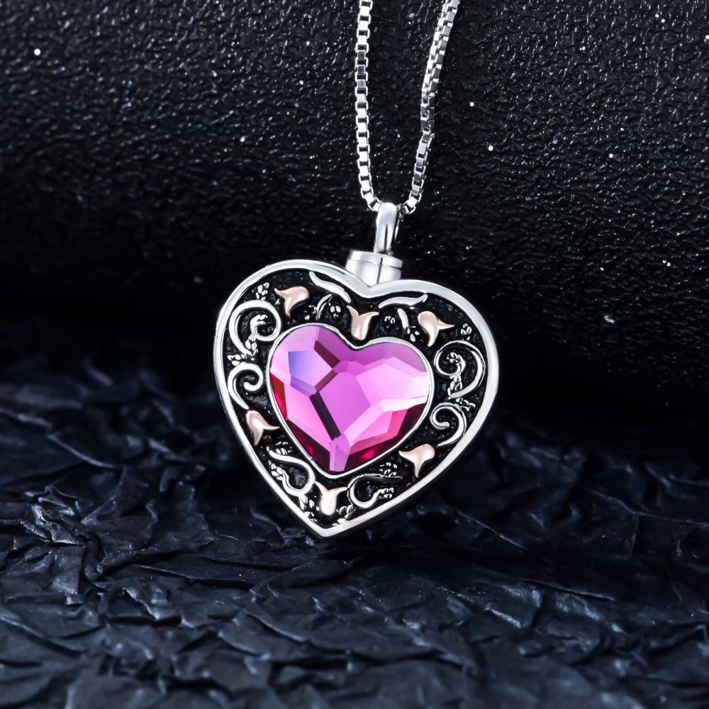 Colar de urna rosa de cristal roxo com coração oxidado em prata esterlina para cinzas com palavra gravada-3