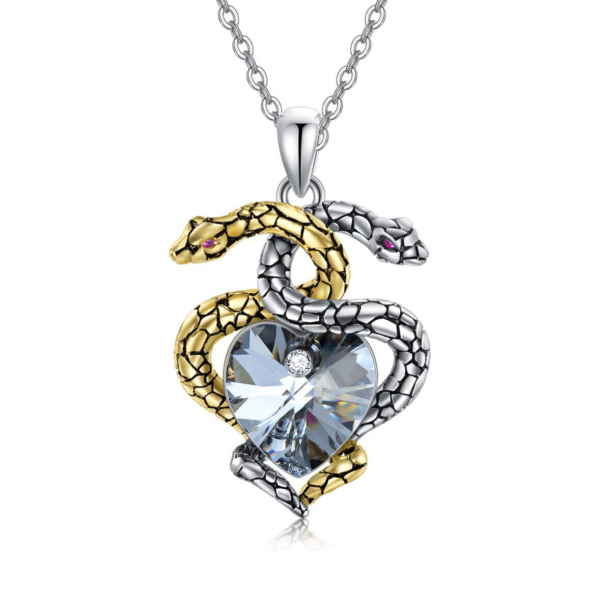 Collier en argent sterling avec pendentif serpent en forme de coeur en cristal bicolore-1