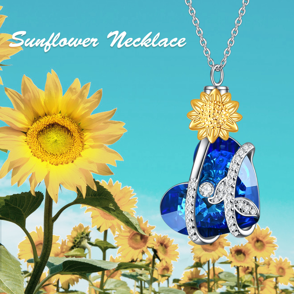 Sterling Silver Two-Tone Heart Crystal Sunflower Urn Necklace For Ashes For Women-6