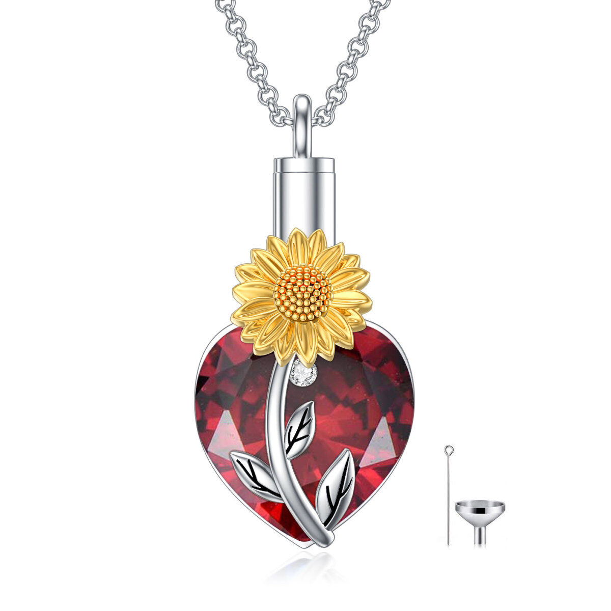 Plata de Ley Dos Tonos Corazón Cristal Girasol Urna Collar Para Cenizas-1