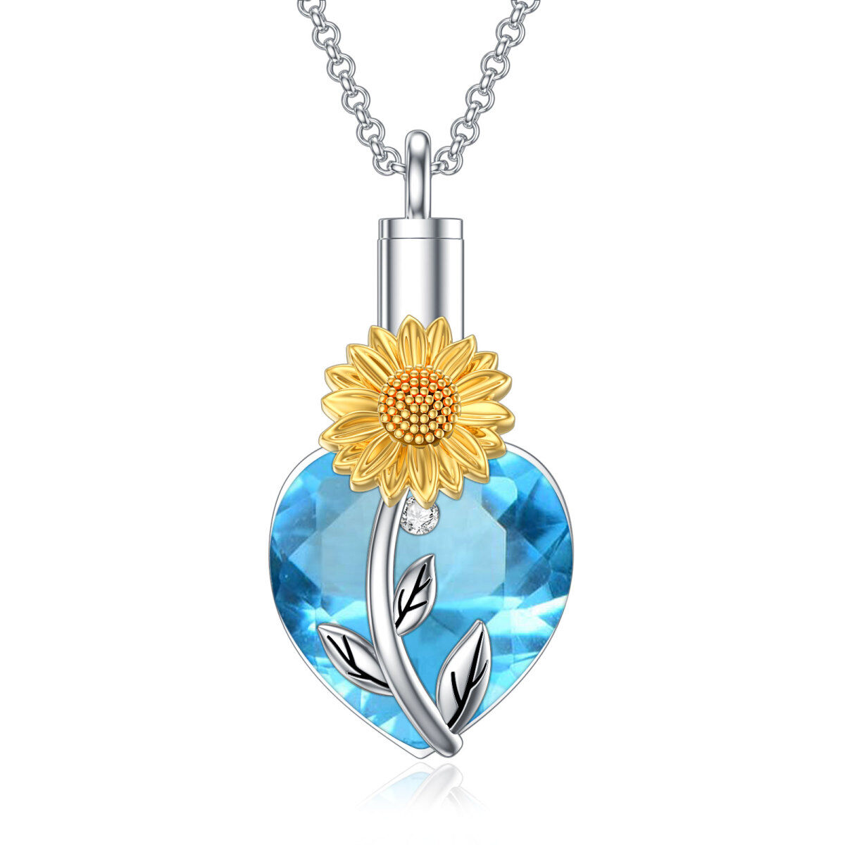 Collana in argento sterling bicolore con cuore di cristallo e girasole per ceneri-1