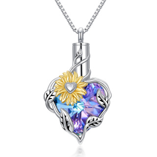 Sterling Silver Two-tone Heart Shaped Crystal Sunflower Urn Necklace for Ashes-13