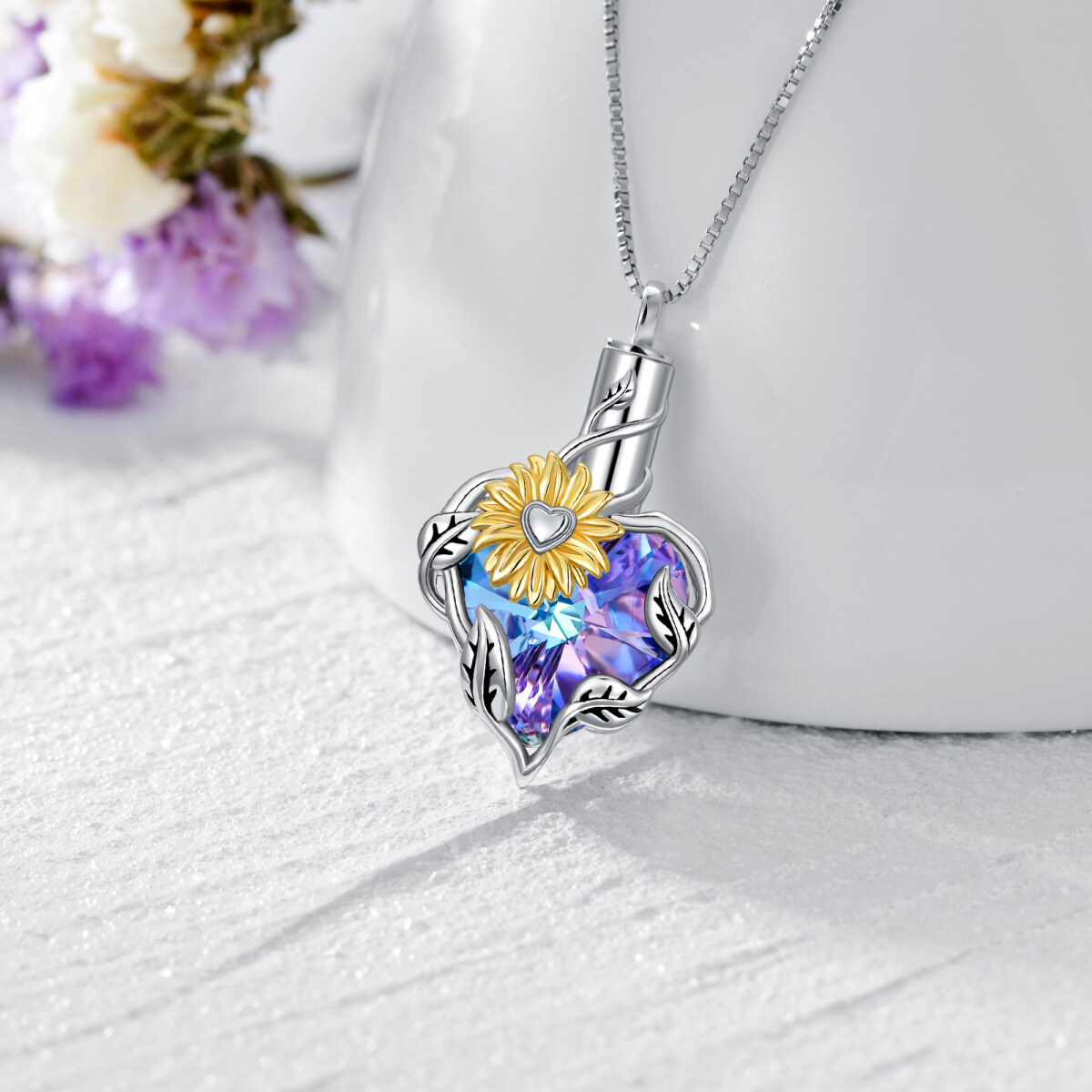 Collar de plata de ley con forma de corazón de cristal y girasol para cenizas-3