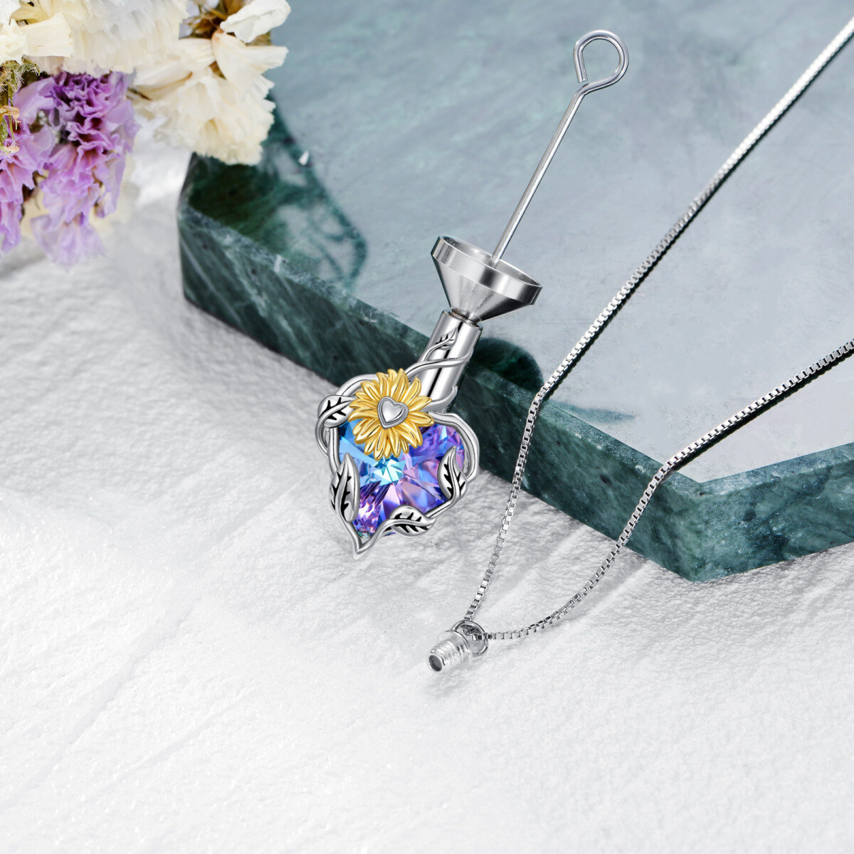 Sterling Silver Two-tone Heart Shaped Crystal Sunflower Urn Necklace for Ashes-4