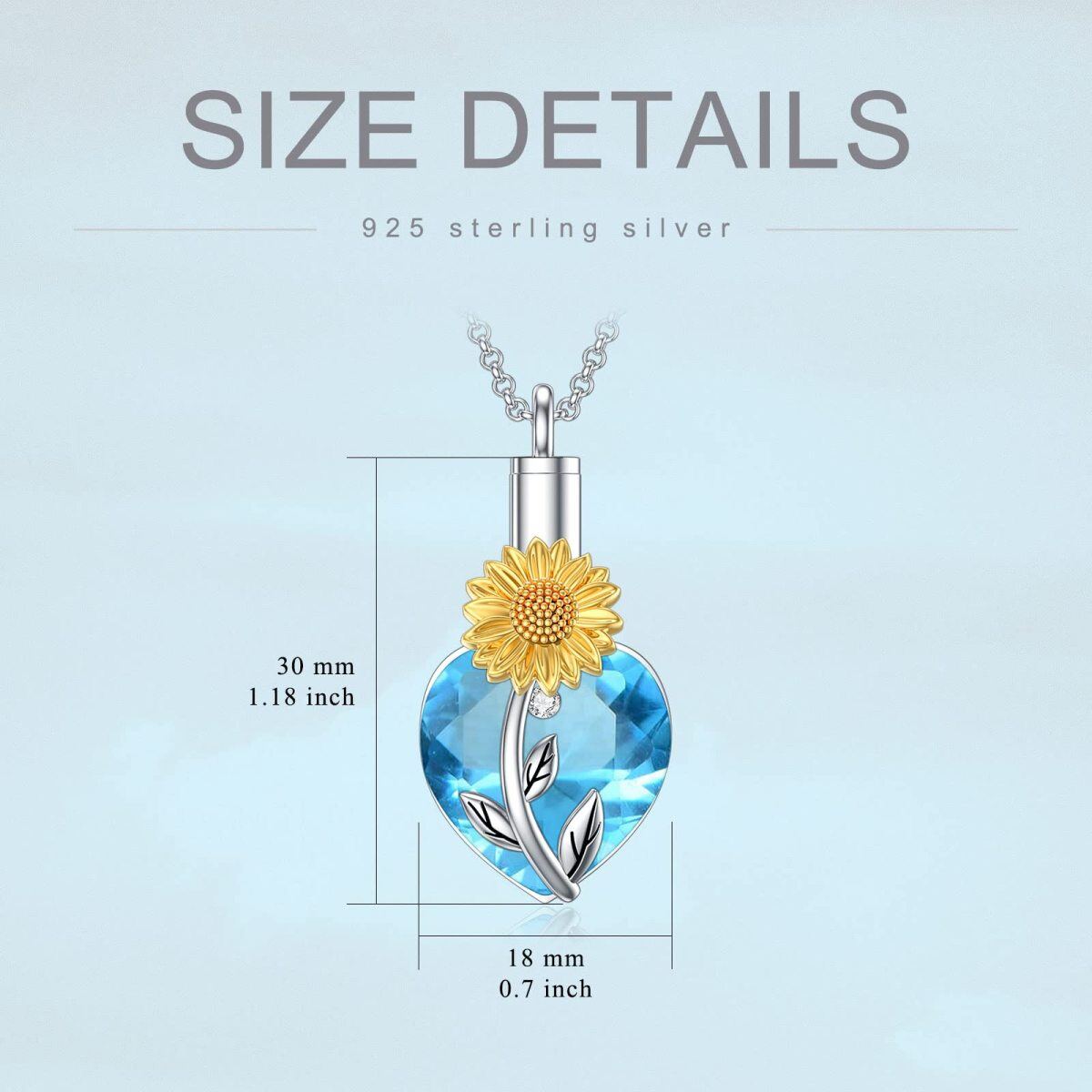 Collana in argento sterling bicolore con cuore di cristallo e girasole per ceneri-5