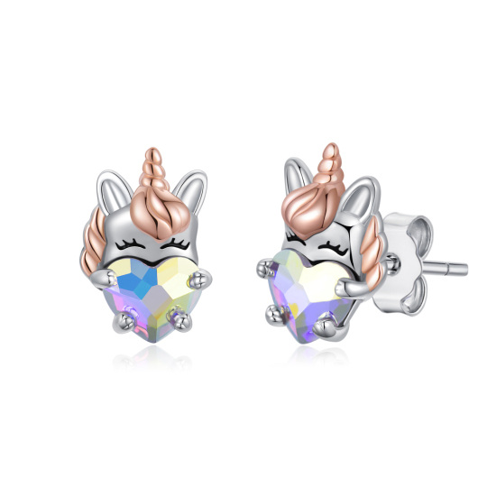 Pendientes de plata de ley con forma de corazón de cristal y unicornio-1