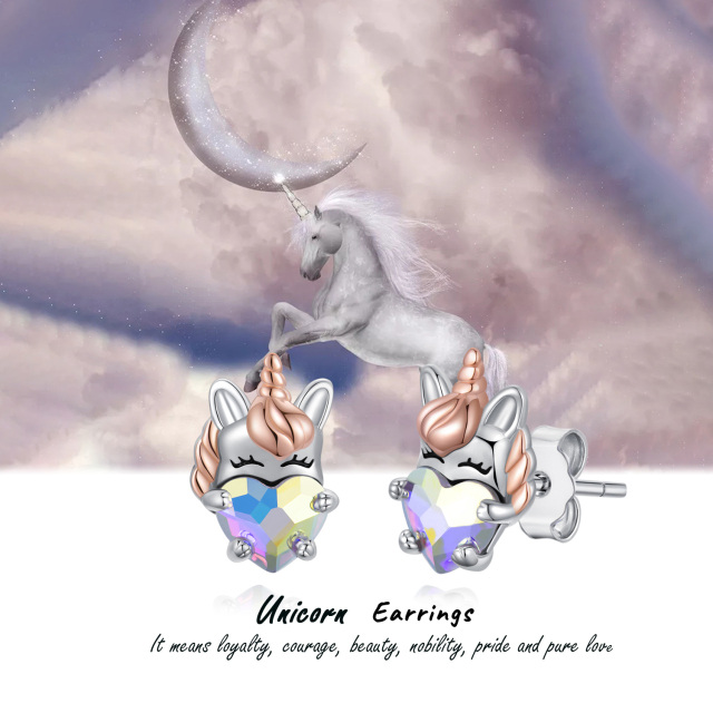 Sterling Silver Two-tone Heart Shaped Crystal Unicorn Stud Earrings-6