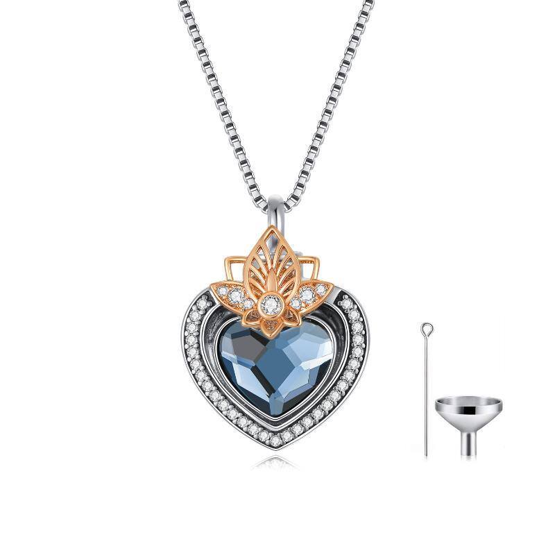 Sterling Silver Blue Crystal Heart Lotus Urn Necklace For Ashes Engraved Forever In My Heart-1