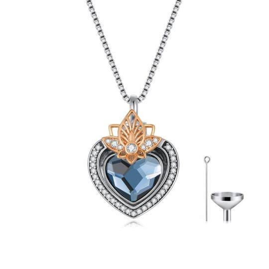 Sterling Silver Two-tone Heart Shaped Crystal Heart Urn Necklace for Ashes with Engraved Word