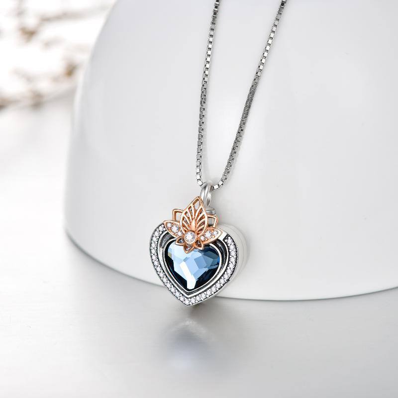 Collar de urna de loto con forma de corazón de cristal azul de plata de ley para cenizas grabadas para siempre en mi corazón-3