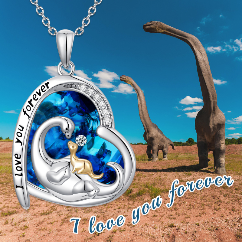 Colar de pingente de cristal de dinossauro de coração de dois tons de prata esterlina com palavra gravada para melhor amigo feminino-4