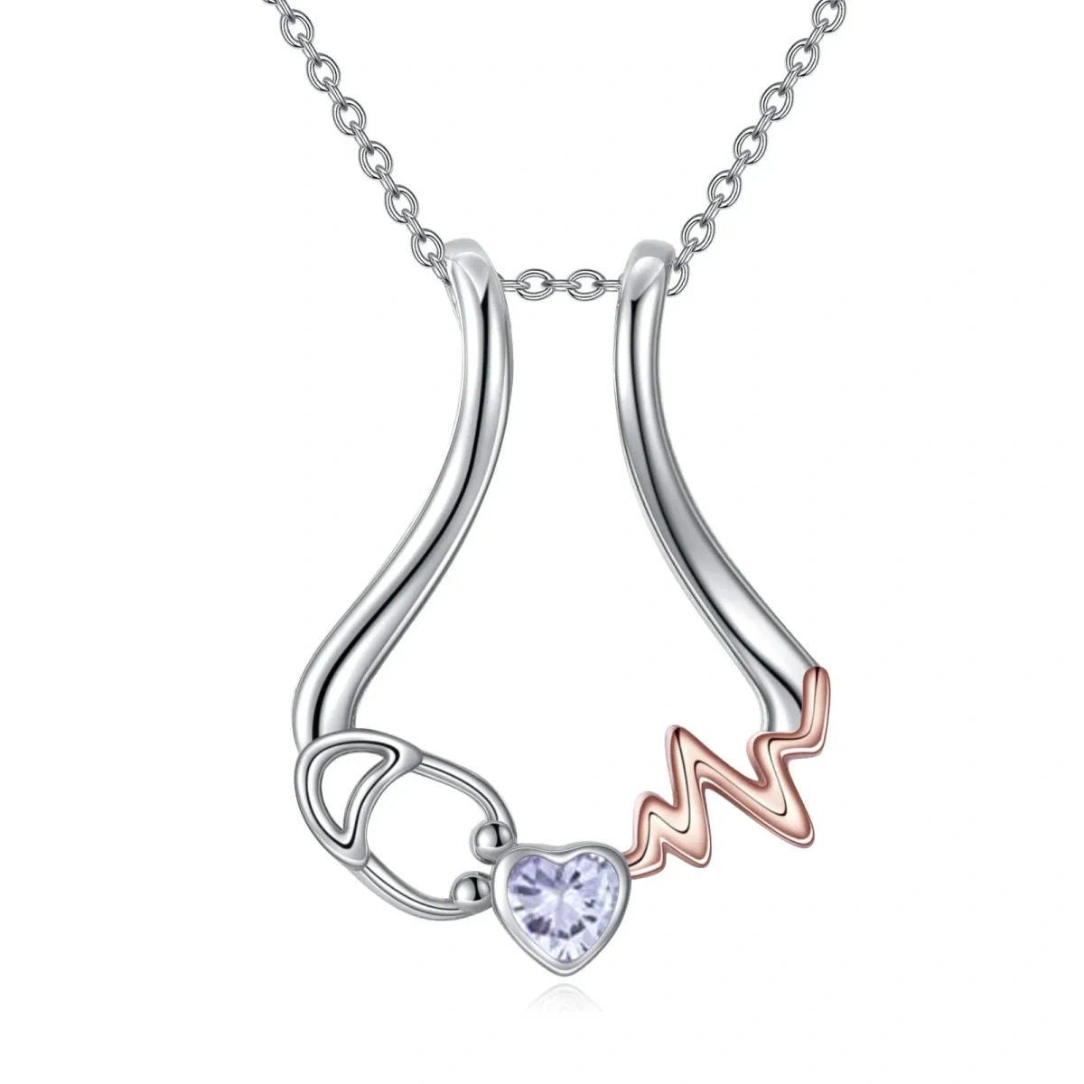 Collar con colgante de estetoscopio y electrocardiograma con circonita cúbica en forma de corazón de dos tonos en plata de ley para mujer-1