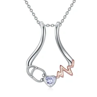 Sterling Silver Two-Tone Heart Cubic Zirconia Electrocardiogram & Stethoscope Pendant Necklace For Women-2