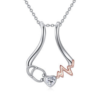 Sterling Silver Two-Tone Heart Cubic Zirconia Electrocardiogram & Stethoscope Pendant Necklace For Women-1