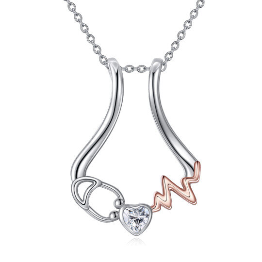 Sterling Silver Two-Tone Heart Cubic Zirconia Electrocardiogram & Stethoscope Pendant Necklace For Women