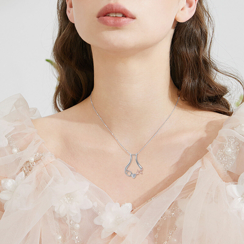 Collier pendentif stéthoscope électrocardiogramme en argent sterling bicolore en forme de cœur et zircone cubique pour femme-2