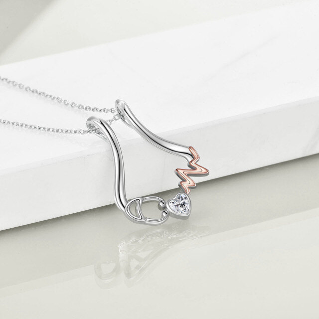 Sterling Silver Two-tone Heart Shaped Cubic Zirconia Electrocardiogram & Heart & Stethoscope Pendant Necklace-4