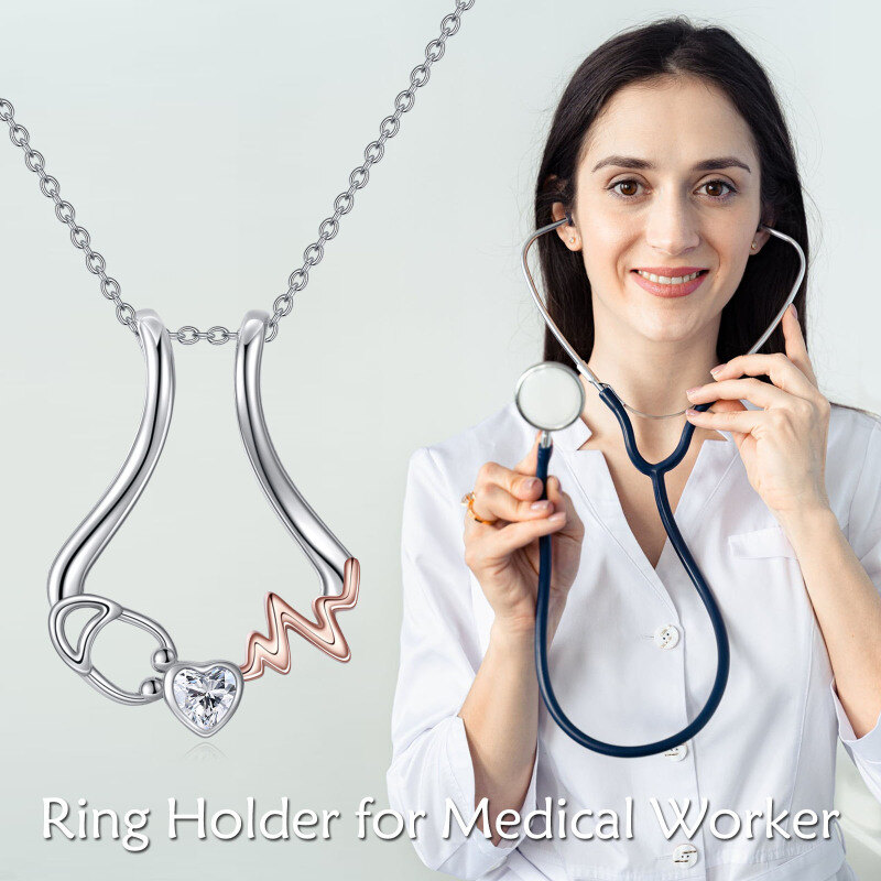 Collier pendentif stéthoscope électrocardiogramme en argent sterling bicolore en forme de cœur et zircone cubique pour femme-6
