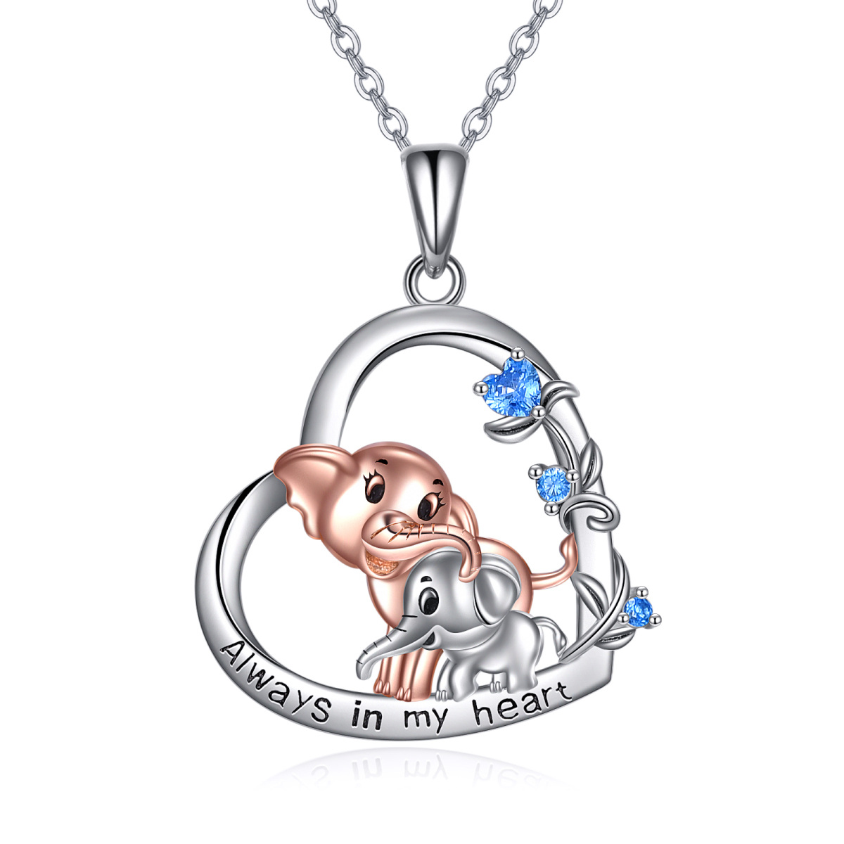 Collar con colgante de elefante de plata de ley con circonita cúbica y corazón de dos tonos para mujer-1