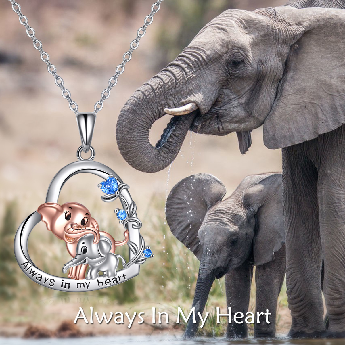 Collar con colgante de elefante de plata de ley con circonita cúbica y corazón de dos tonos para mujer-6