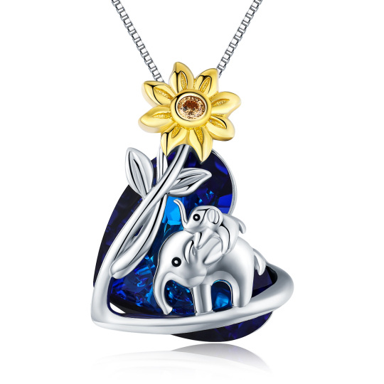 Sterling Silver Two-tone Heart Shaped Elephant & Sunflower Crystal Pendant Necklace