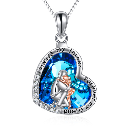 Sterling Silver Two-tone Heart Shaped Father & Daughter Blue Heart Crystal Pendant Necklace for Daughter