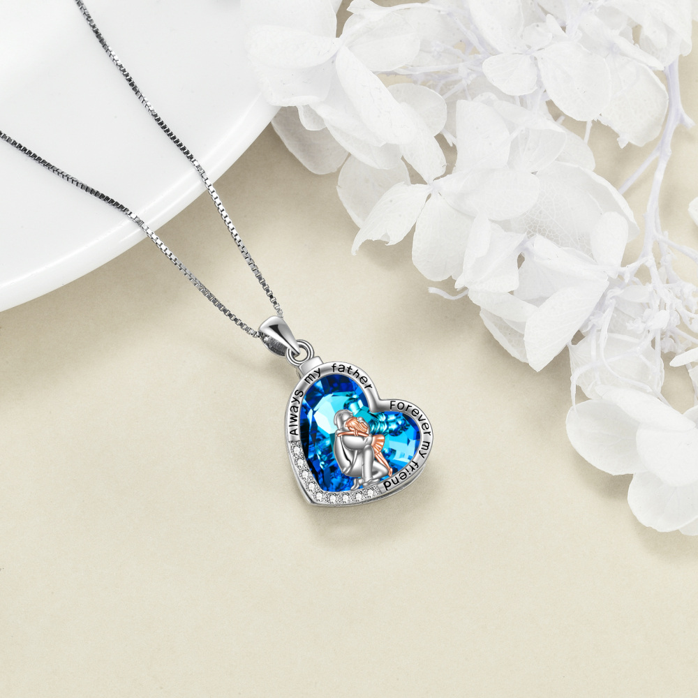 Sterling Silver Two-Tone Heart Crystal With Zircon Father & Daughter Pendant Necklace For Daughter-4