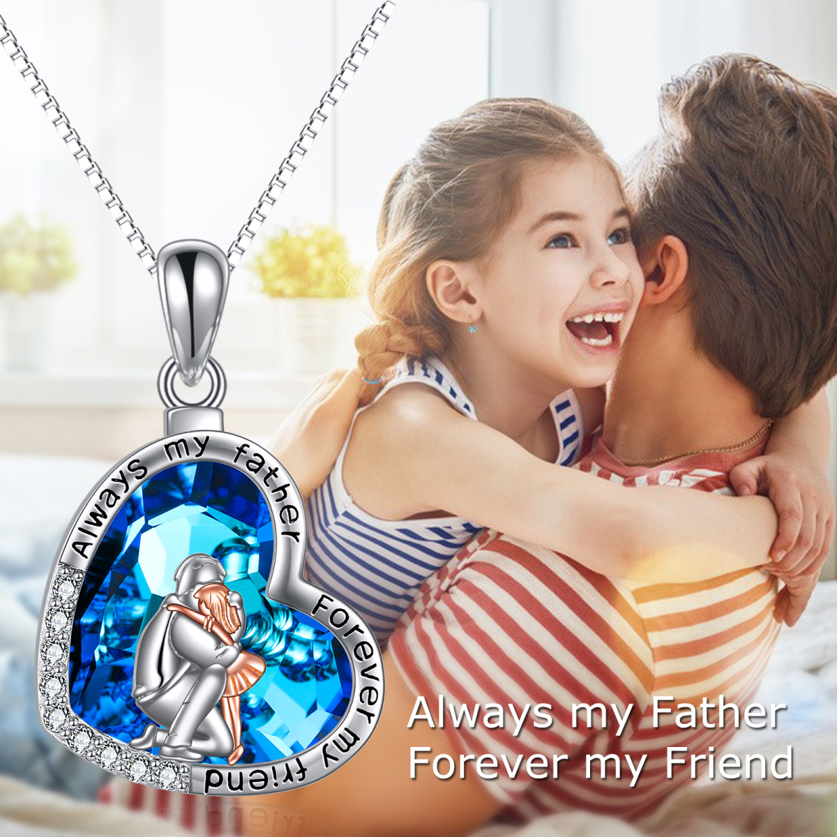 Sterling Silver Two-Tone Heart Crystal With Zircon Father & Daughter Pendant Necklace For Daughter-6