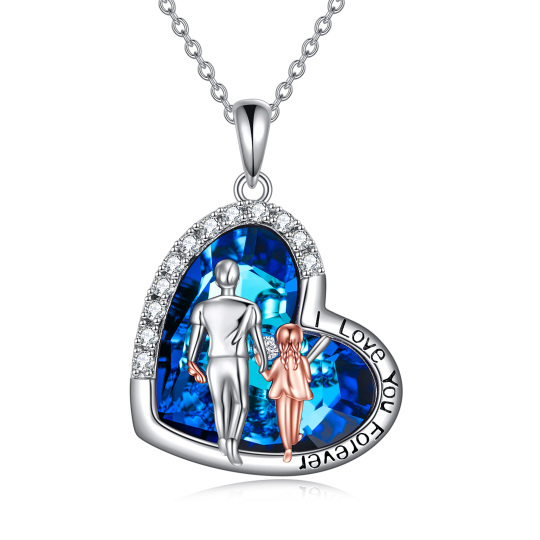 Sterling Silver Two-tone Heart Shaped Father & Daughter & Heart Crystal Pendant Necklace with Engraved Word