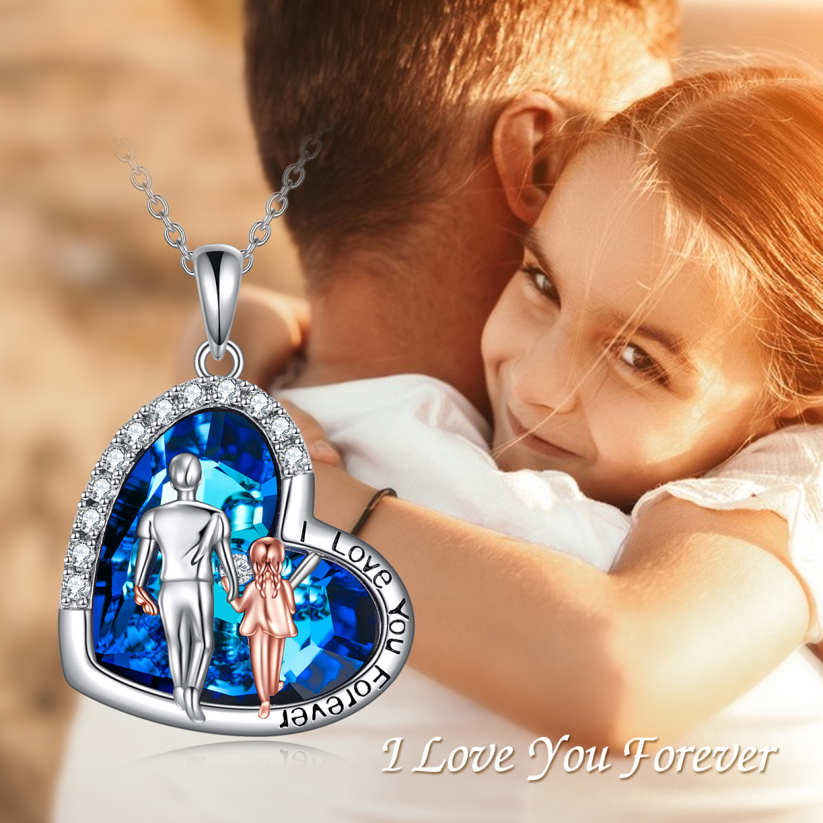 Sterling zilveren tweekleurige hartvormige vader & dochter & hart kristal hanger ketting met gegraveerd woord-3