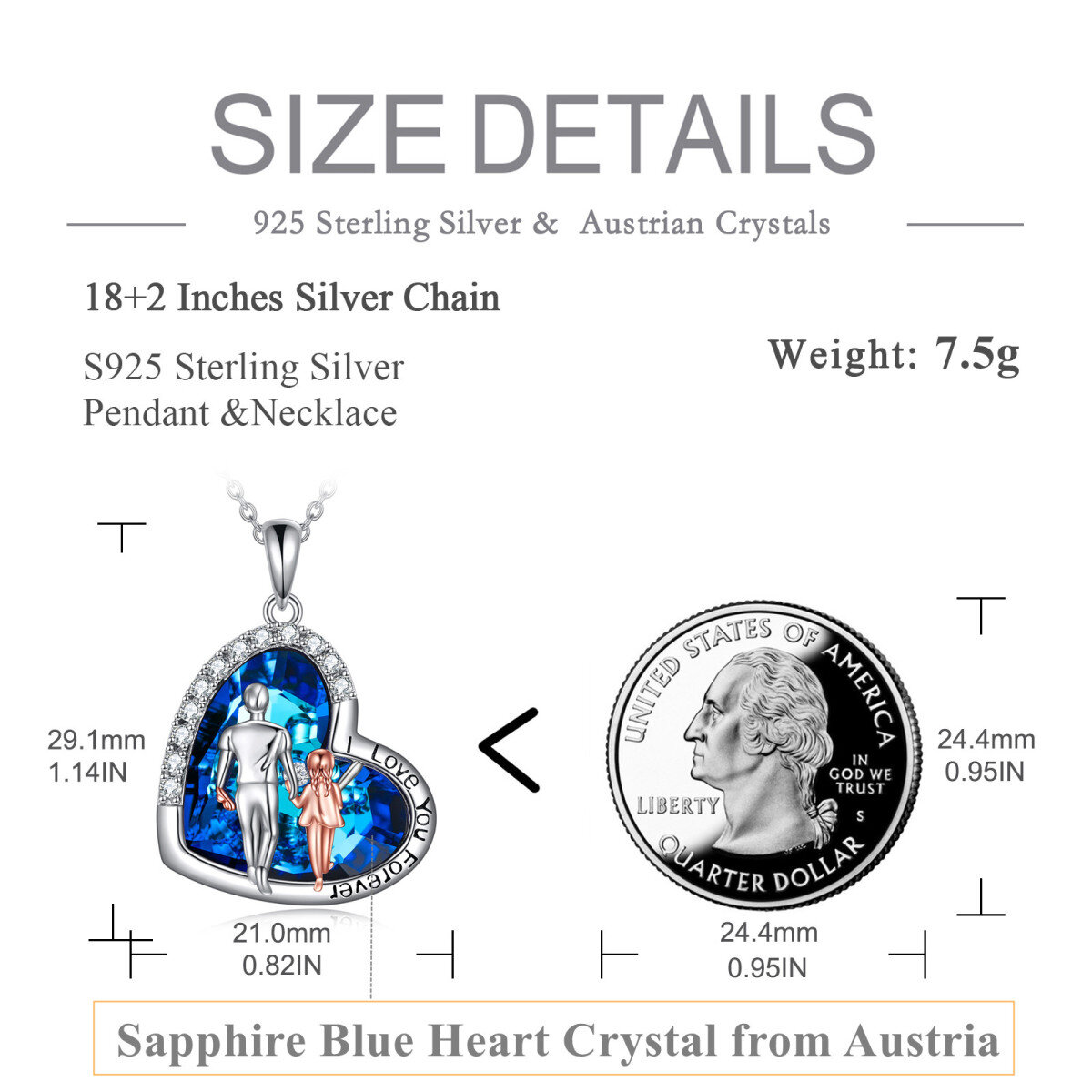 Sterling zilveren tweekleurige hartvormige vader & dochter & hart kristal hanger ketting met gegraveerd woord-4