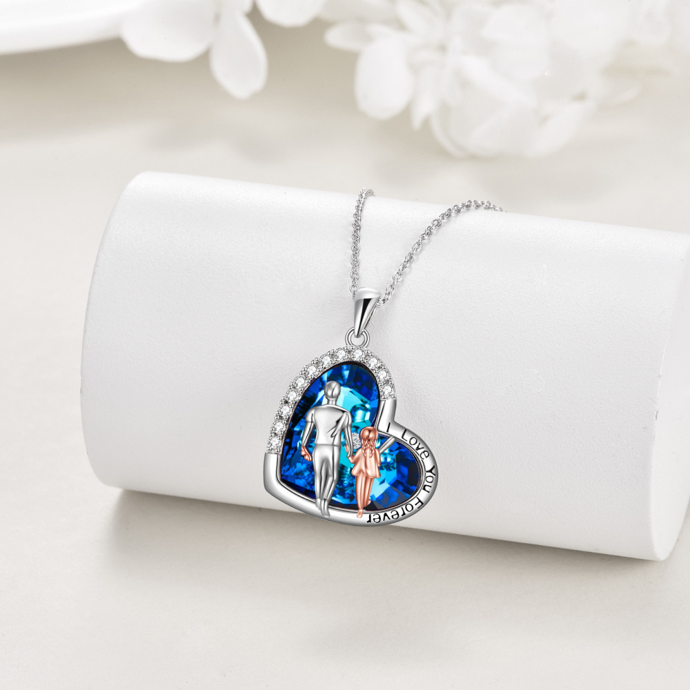 Sterling Silver Two-tone Heart Shaped Father & Daughter & Heart Crystal Pendant Necklace with Engraved Word-5