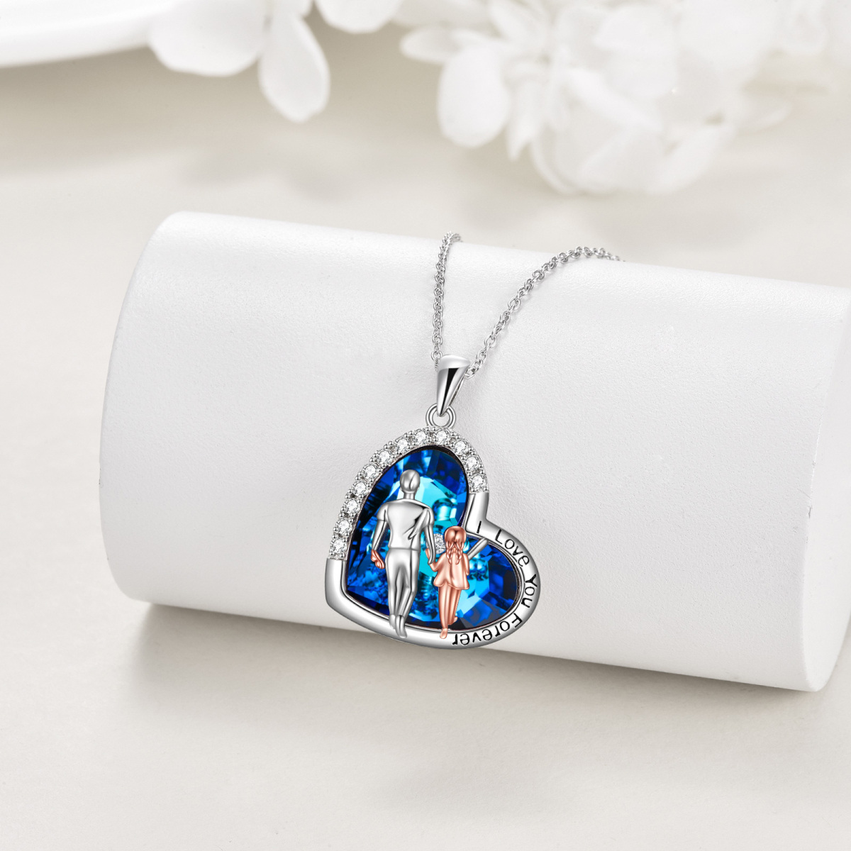 Sterling zilveren tweekleurige hartvormige vader & dochter & hart kristal hanger ketting met gegraveerd woord-5