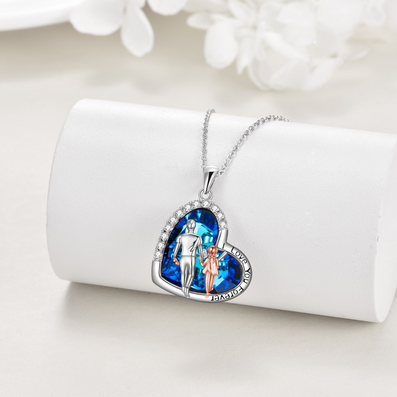 Colar com pingente de cristal em prata esterlina em dois tons em formato de coração pai e filha com palavra gravada-5