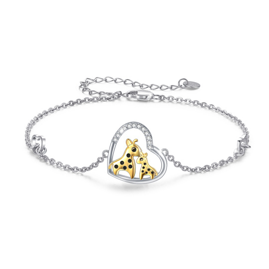 Plata de ley de dos tonos en forma de corazón Cubic Zirconia Jirafa Pulsera Colgante