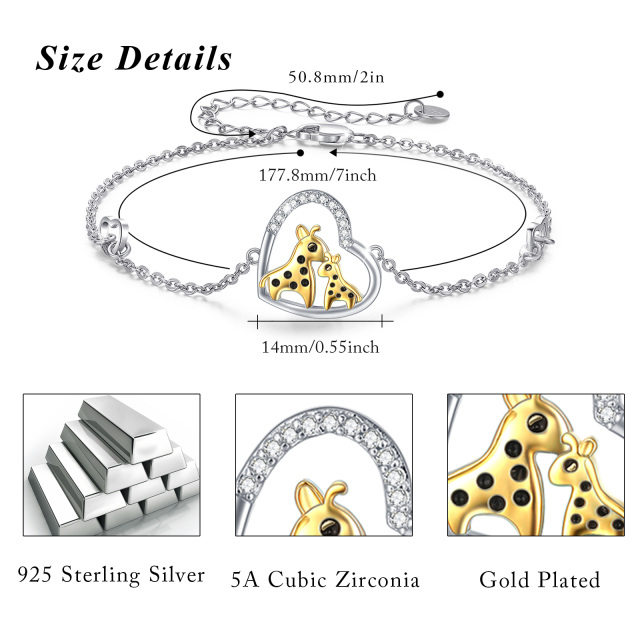 Sterling Silver Two-tone Heart Shaped Cubic Zirconia Giraffe Pendant Bracelet-5