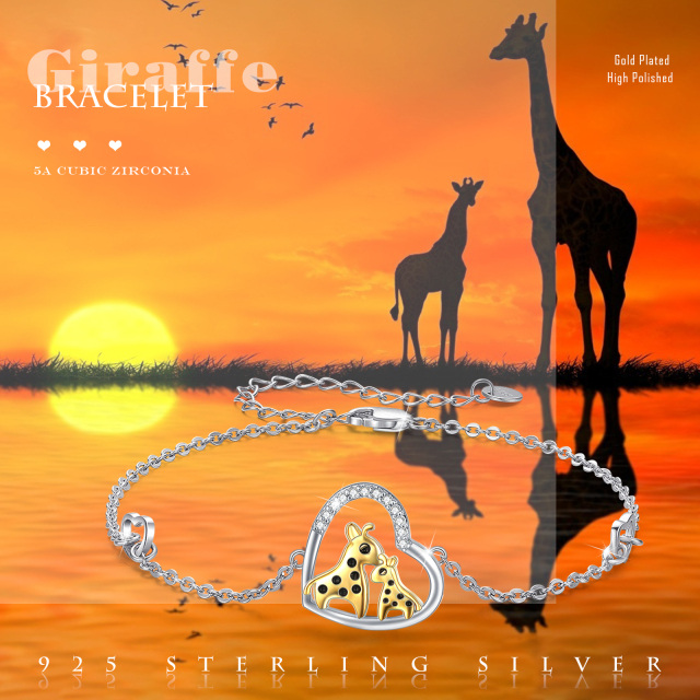 Sterling Silver Two-tone Heart Shaped Cubic Zirconia Giraffe Pendant Bracelet-6