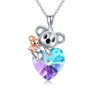 Sterling Silver Two-tone Heart Shaped Koala & Mother Crystal Pendant Necklace-53