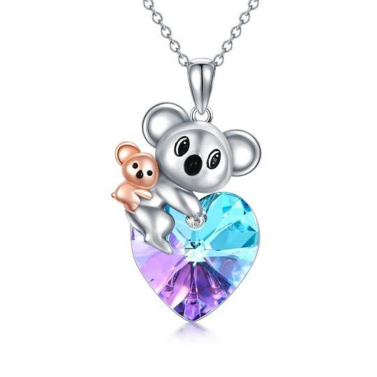 Sterling Silver Two-tone Heart Shaped Koala & Mother Crystal Pendant Necklace