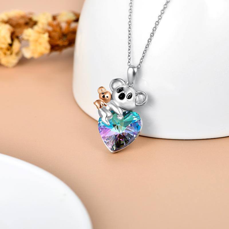 Sterling Silver Two-tone Heart Shaped Koala & Mother Crystal Pendant Necklace-3